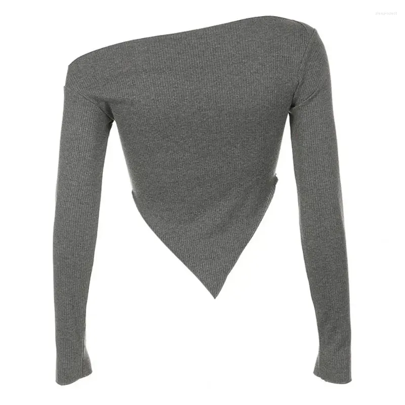 Women's Blouses Women T-shirt Long Sleeve Blouse Elegant One Shoulder Irregular Hem Crop Top For Knitted Solid Color