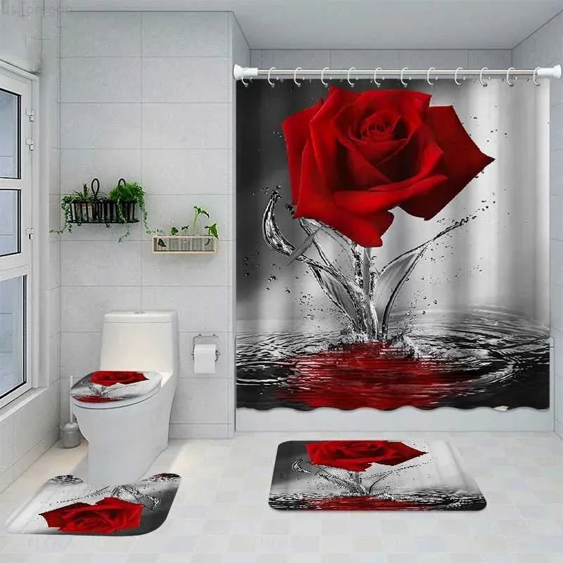 Shower Curtains Red Rose Flower Butterfly Shower Curtain Set Non-Slip Rug Bath Mat Toilet Lid Cover 12 Hooks Waterproof Polyester Bathroom Decor