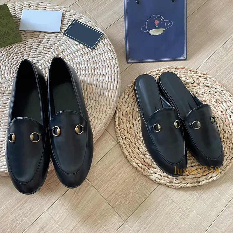 Luxe geklede schoenen klassiekers loafers halve pantoffels designer echt leer dames zwarte muilezels print pantoffel denim platte sandalen