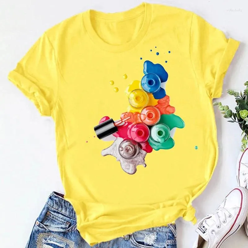 Dames T-shirts Kleur Nagellak Gedrukt Mode Dames T-shirt Straat Losse Ronde Hals Geel Korte Mouw Hoge Kwaliteit Unisex Kleding