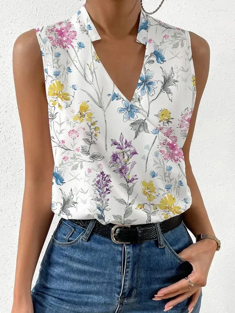 Blusas Para Mujer, Camisas informales con estampado Para Mujer, Blusas holgadas sexis con cuello en V sin mangas y flores florales, Tops Para Mujer 2024