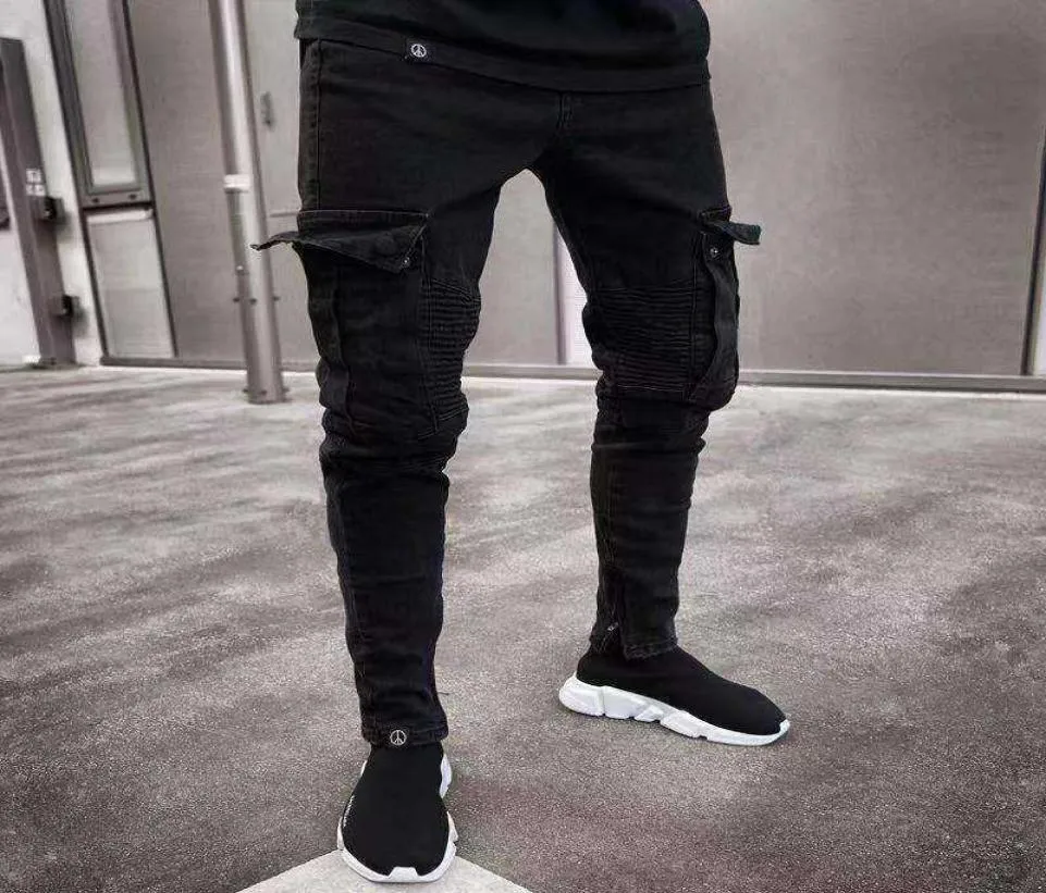 Mannen Skinny Jeans MultiPocket Slanke Potlood Broek 2021 Zwart Nieuwe Mannelijke Overalls Straat HipHop Moto Bike Kleding Jeans X06219350827