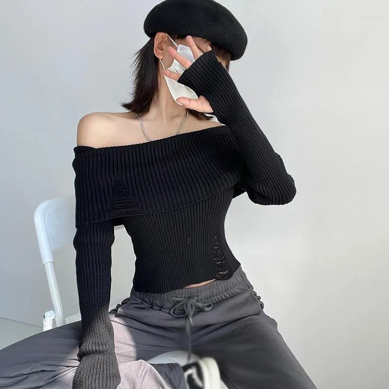 Women's T Shirts Casual Top Off Shoulder Neck Long-Sleeved Spring Autumn Fashion Korean Version Lazy Style Slim Retro Sexy All-Match