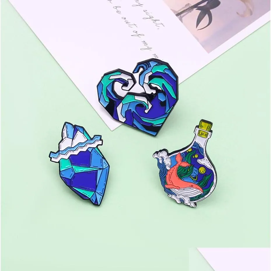 Accessoires de dessin animé Conception géométrique créative Broche en alliage d'émail de vague d'océan Baleine mignonne dans la vie marine de la mer profonde Badge Pin Bijoux Ot4Ky