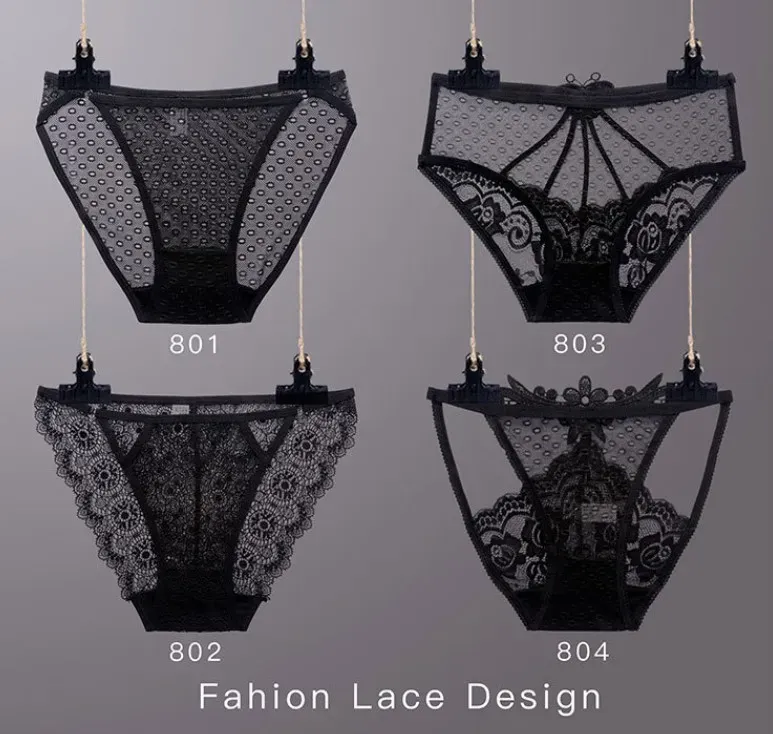 Black Lace Thong Knickers Hollow out Briefs Bikini Panties Women Mesh Underwear Panty Fashion Comfy Transparent Shortie Lingerie 8 designs