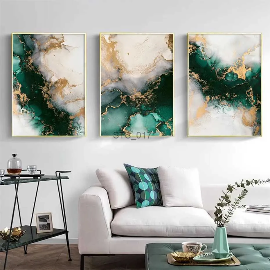 Schilderijen 3PCS Nordic Groen Goud Mode Marbl Posters Wall Art Esthetische Canvas Schilderen Foto Woonkamer Slaapkamer Home Decor