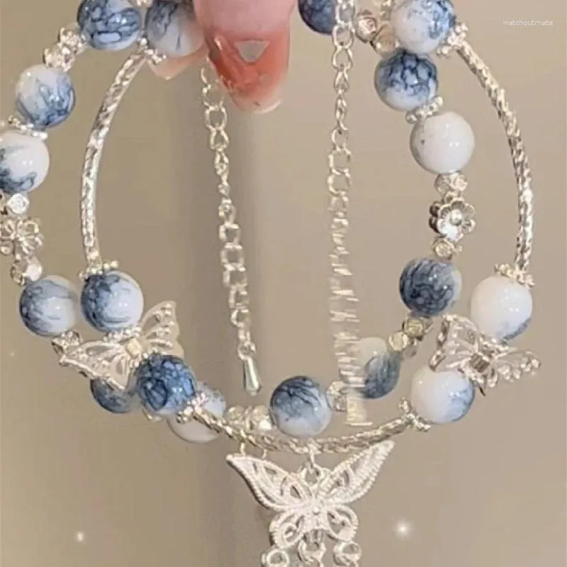 Braccialetti di collegamento 2024 stile cinese fresco blu bianco farfalla nappa braccialetto smaltato in porcellana per le donne regalo estetico elegante squisito