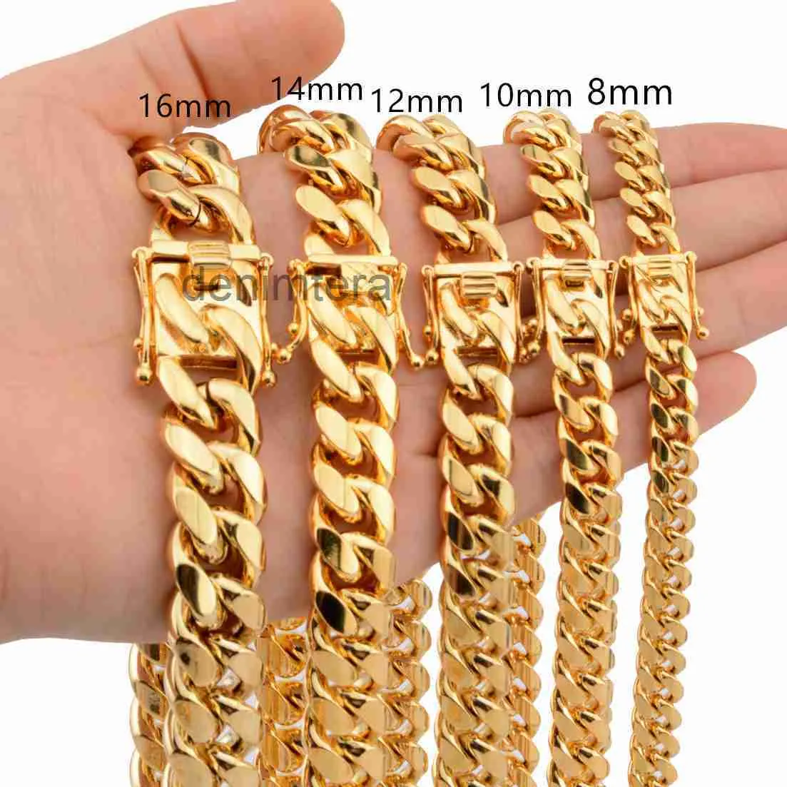 8mm/10mm/12mm/14mm/16mm Miami Cuban Link Chains Stainless Steel Mens 14k Gold High Polished Punk Curb Necklaces 8JBJ