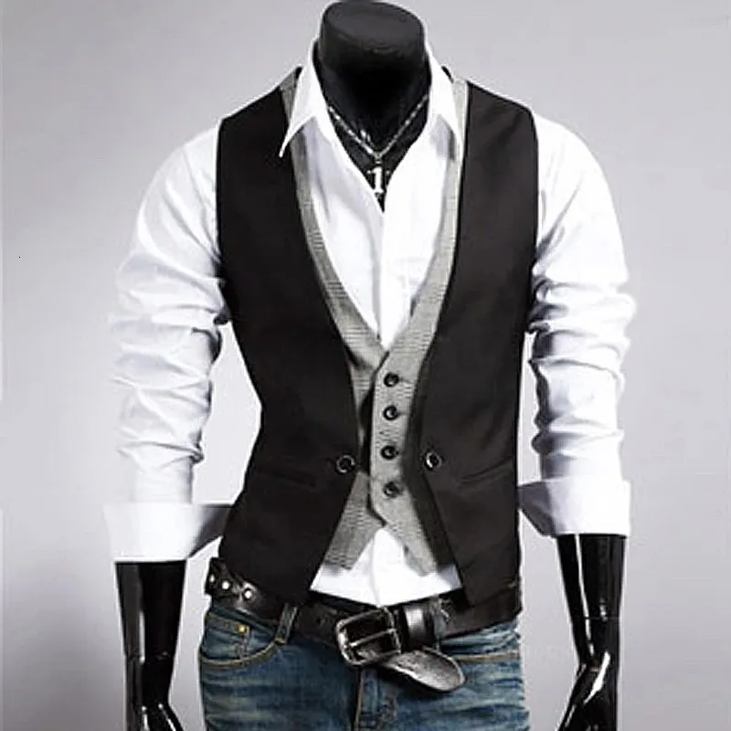 Fake Two Piece Mens Suit Vest Slim Casual Business Gentlemen Men Waistcoat Groomman Wedding Gilet Oversized Steampunk Vests 240119