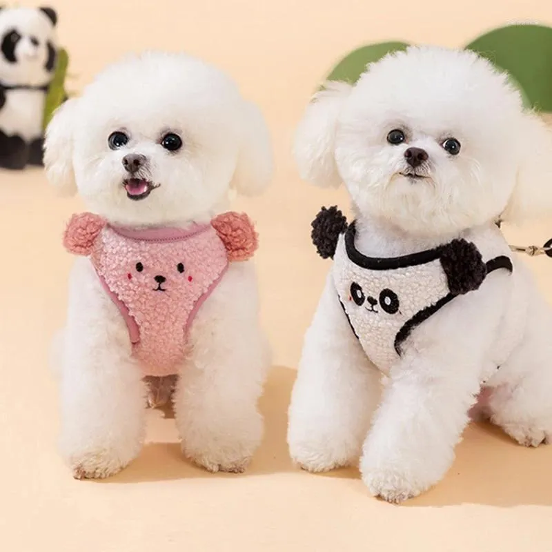 Coleiras de cachorro arnês velo sem puxar colete para animais de estimação com trela conjunto de caminhada de pelúcia filhote de cachorro peito design animal