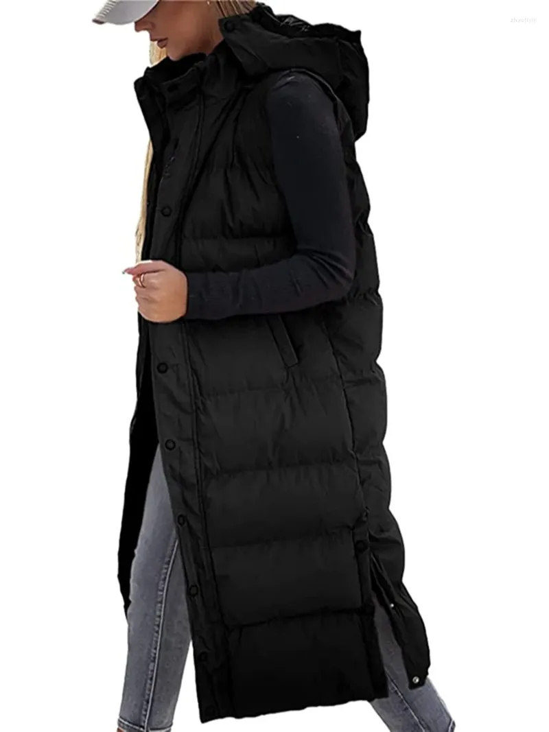 Kvinnors västar kvinnor lång puffer väst ärmlös zip upp huva quiltad varm vinter vadderad pälsjacka med fickgilet outwear