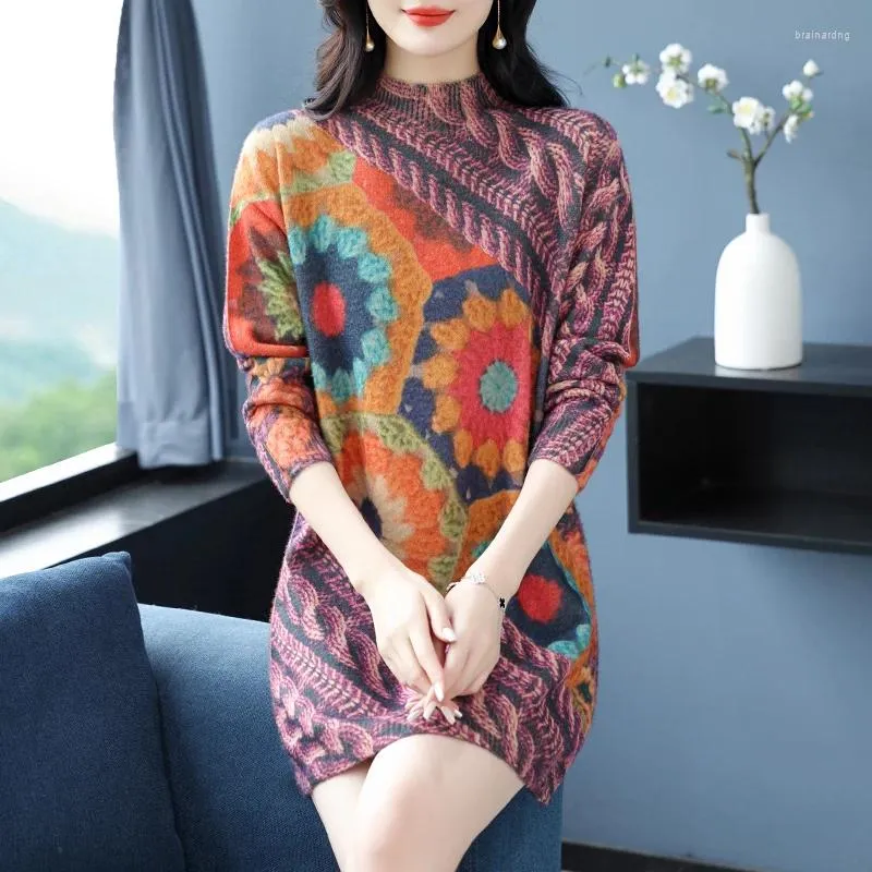 Women's Sweaters Dress Autumn Winter Casual Womens Clothes Harajuku Floral Print Pullover Tops Femme Elasticity Loose Long Sweater