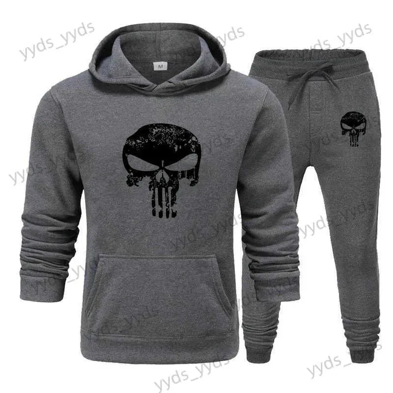 Tute da uomo 2 pezzi Set Tuta Felpa con cappuccio + Pantaloni con coulisse Felpe sportive maschili Running Sportswear Uomo Skull Marca Autunno Inverno T240124