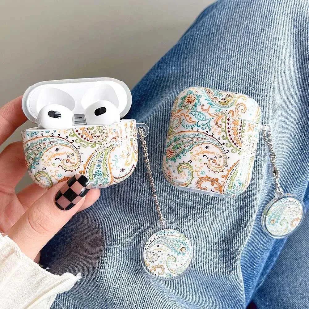 Mobiltelefonfodral Retro Mönsterfodral för AirPods Pro med Keyring Earphone Protective Cover för Apple Airpods 2/3 Airpod Headset Case Floral Funda