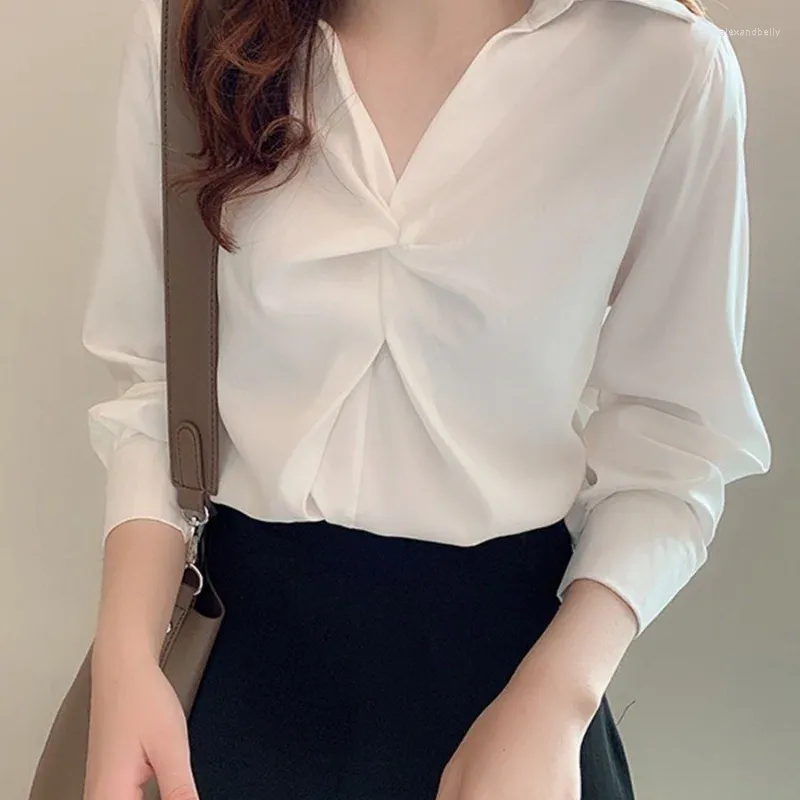 Women's Blouses Vintage Chiffon Pleated Blouse Spring Autumn Polo Neck Long Sleeve Solid Color Loose Shirt Tops Fashion Casual Women Clothes