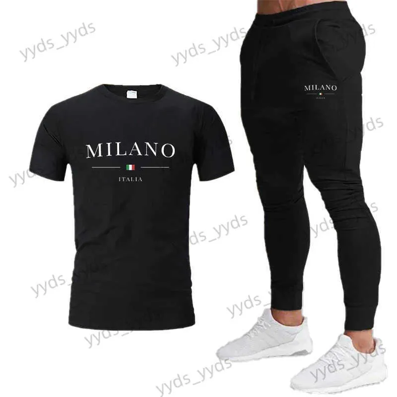 Tute da uomo 2023 Milano Lettere Stampa T-shirt Pantalone Set T-shirt a maniche corte + Pantaloni sportivi Completo in puro cotone Soft Top Pantaloni Streetwear T240124