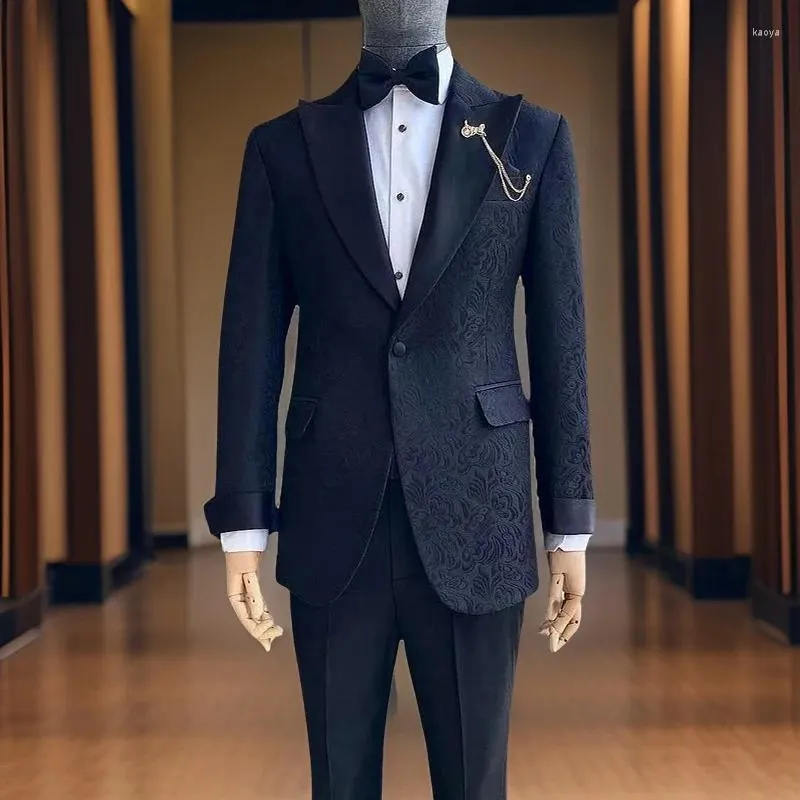 Mäns kostymer Floral Wedding Tuxedo för Groom Party Slim Fit Men 2 Pieces Jacquard Custom Man Fashion Costume (Jacket Pants) 2024