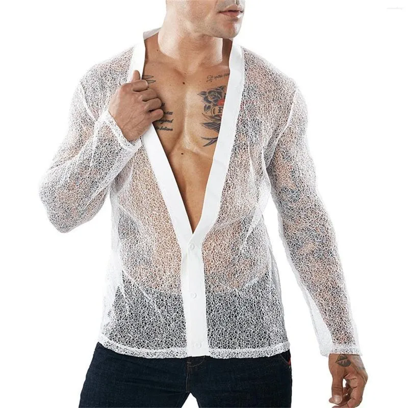 Mäns casual skjortor solid färg sexig singel breasted djup v hals transparent mesh långärmad topprockklänning sommar tee