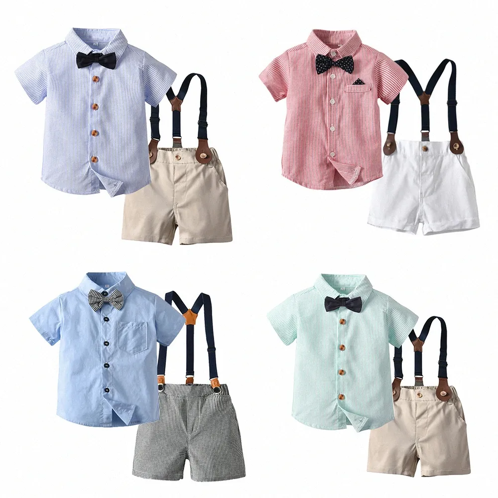 Bow Tie Baby barnkläderuppsättningar Skjortor Shorts randiga Cardigan Boys Toddlers Kort ärm Tshirts rembyxor kostymer Summer Youth Children Kläder Siz R1HR#