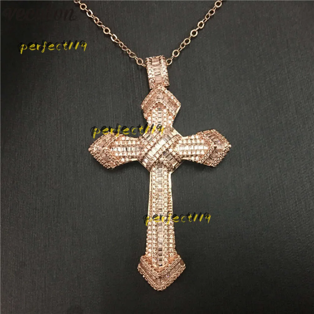 Collane con ciondolo Vecalon HIPHOP Ciondolo grande croce in oro rosa riempito in argento 925 con diamanti Pendenti da sposa con collana per donna Uomo Gioielli Collane 2024