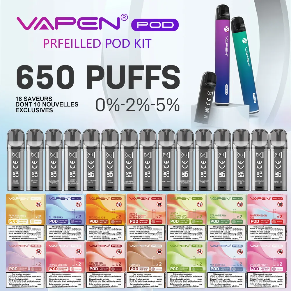 Originele vervangbare VAPEN POD Elfa POD 650 Rookwolken Voorgevulde wegwerpvape-pods Apparaat TPD MHRA-gecertificeerd Compatibele ELFA-pods Kinderslot Mesh Coil 2 ml-pods