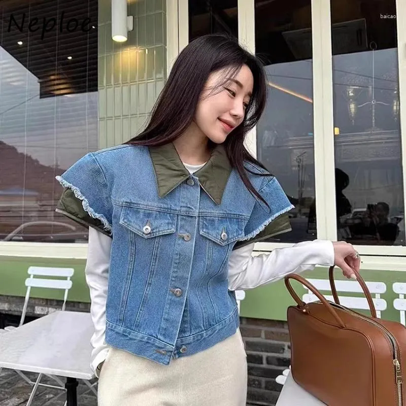 여자 조끼 Neploe Vintage Blue Denim Vest Coat Women 2024 Spring Lapel Neck Waistcoat Female Y2K Single Breasted Jackets Mujer