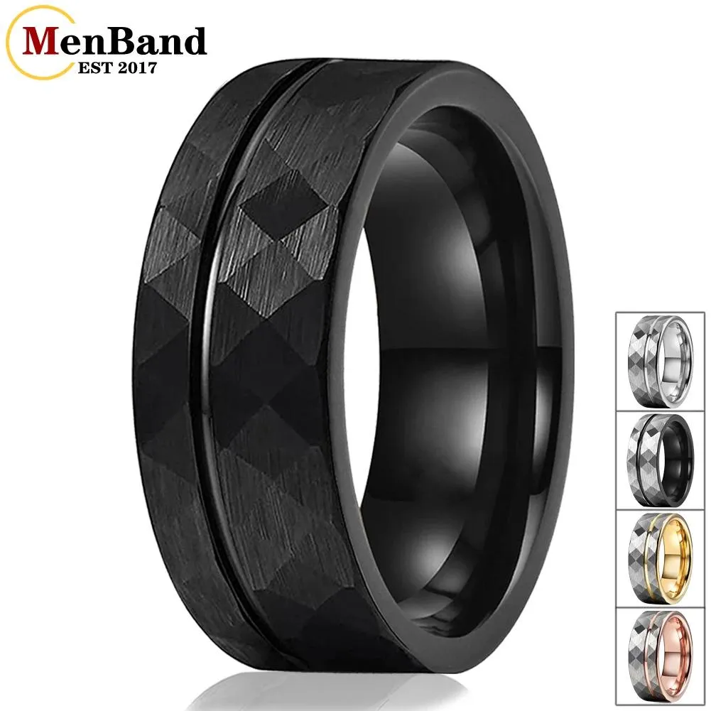 Bandas MenBand Anillo de martillo de moda de 8 mm para hombre y mujer Anillo de boda de compromiso de tungsteno plano Ajuste cómodo con ranura compensada