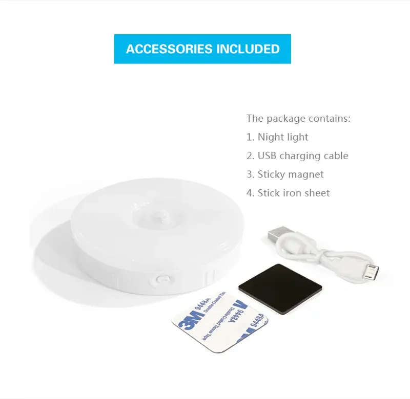 LED Night Light PIR Motion Sensor Wall Lamp USB Rechargeable Dimmable Closet Lighting for Bedroom Kitchen Cabinet