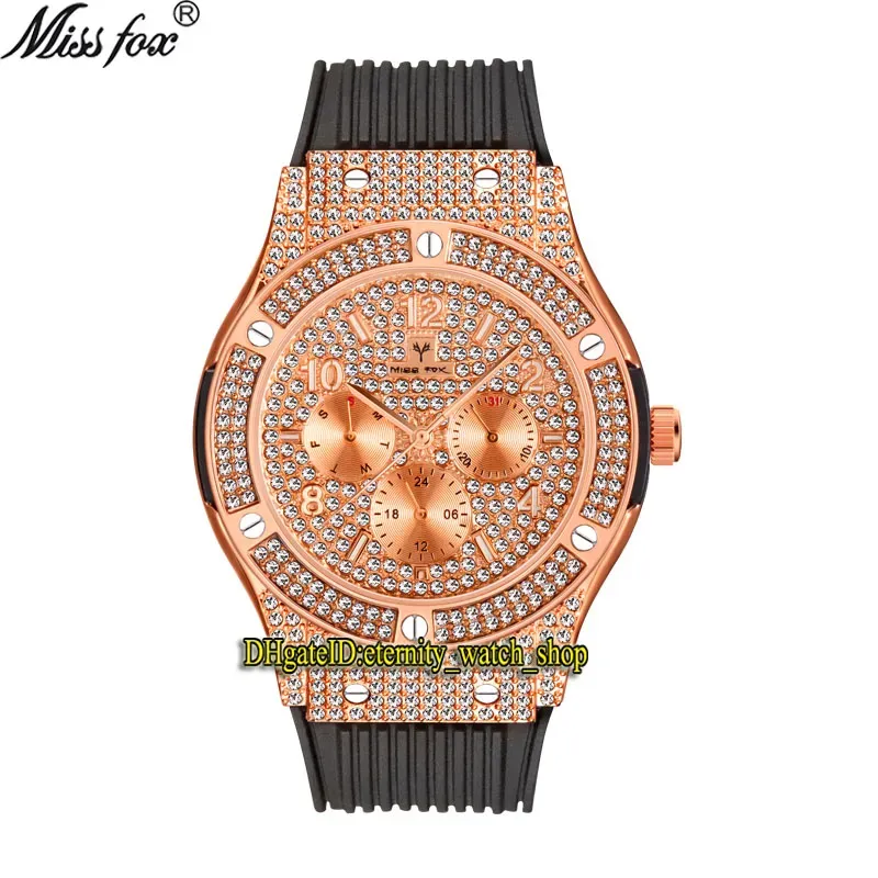 Missfox Eternity V314 Hip Hop Mens zegarek z CZ Diamond Inkrusterem, Rose Gold Dial, Kwarc Ruch, lodowane męskie ramki bransoletki diamentowej, stop