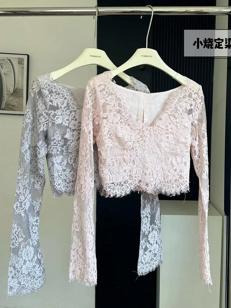 القمصان النسائية في 2000S جمالية مثير انظر من خلال الأكمام الكروشيه Top Tic Thirts Slim Gyaru Lace Tees Corean Fashion Design