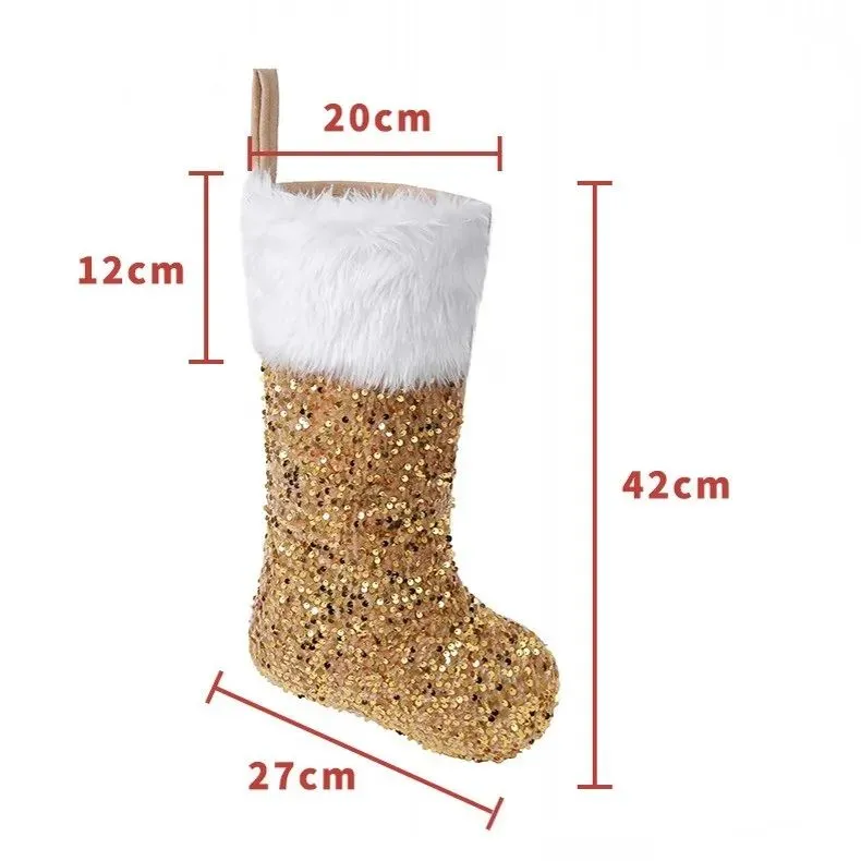 Glitter Christmas Stocking Gold Sequin Blingbling White Velvet Cuff Christmas Stocking Xmas Tree Decor Festival Party Ornament