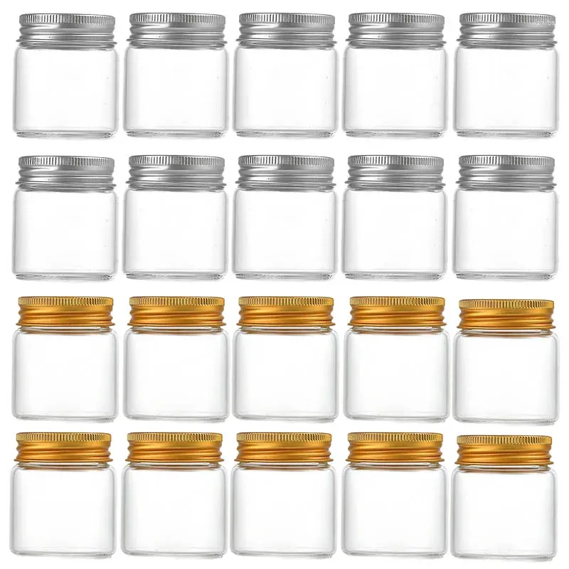 Botellas de almacenamiento 20 piezas Frascos de vidrio pequeños de 50 ml con tapas de aluminio Medicamentos Lata Comida Contenedor sellado Caramelo Embalaje Jar Hogar Cocina