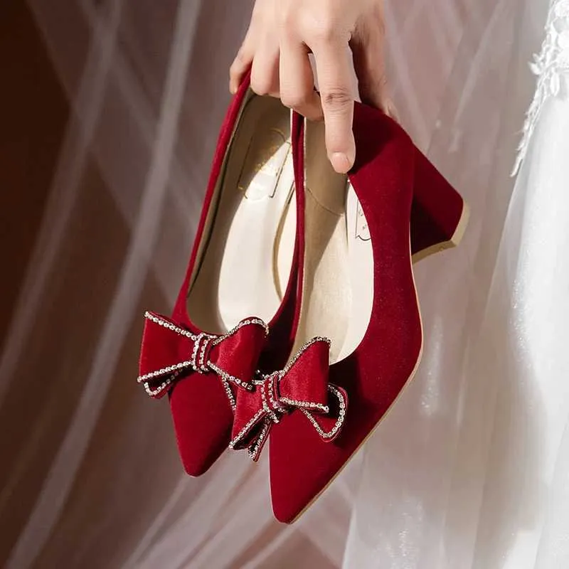 Dress Shoes Wedding Shoes Women's Thick Heels 2024 New Spring/Summer/Autumn Red Low Heel Bow Bride Shoes