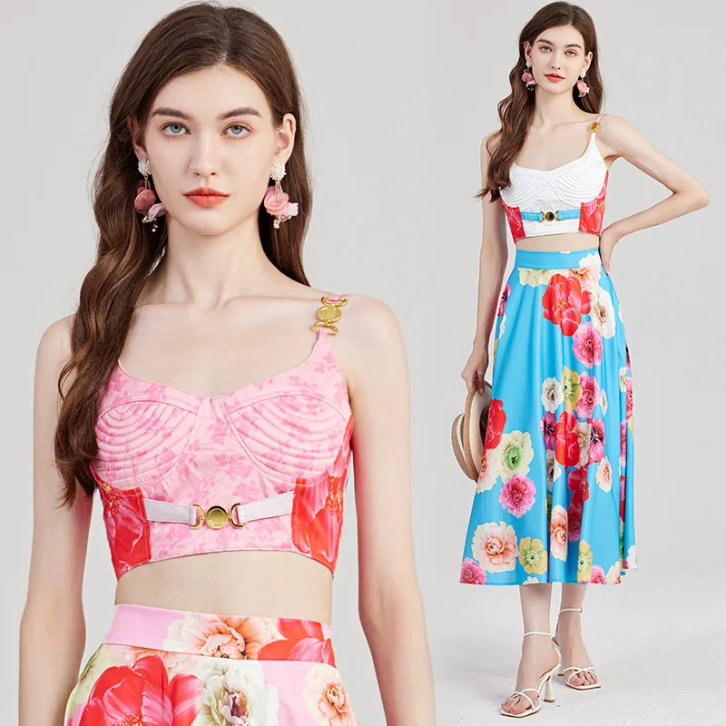 Summer Floral Party top and Skirt Sets Elegant Print Women Designer Two Piece Set Casual Vacation 2024 Sexy Slim Fashion Beach Woman Clothes