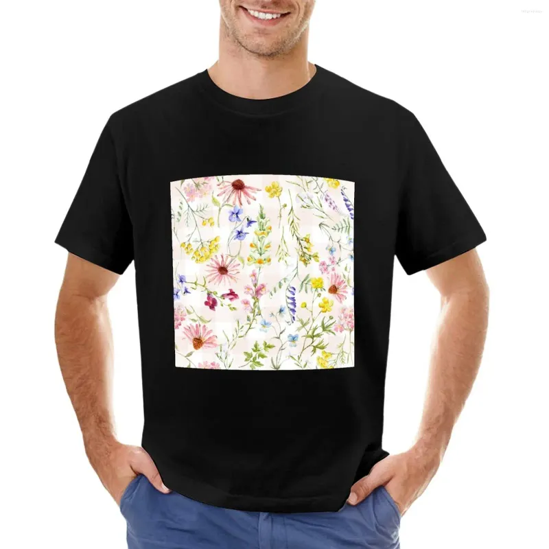 Herren-Tanktops, weiches Aquarell, Sommergarten-Gingham-T-Shirt, süße Kleidung, T-Shirts für Männer