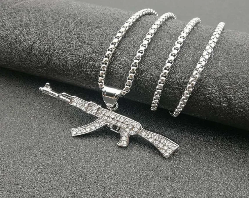 Hip Hop Jewelry Titanium Steel Gold Plated Diamond AK47 Pendant Necklace 6CC34599020