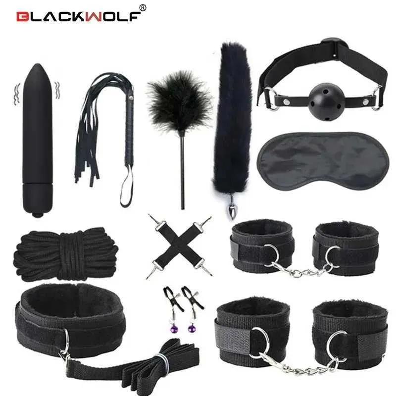 Bondage Sexy Leather BDSM Kits Plush Sex Bondage Set Handcuffs Sex Games Whip Gag Nipple Clamps Sex Toys For Couples Exotic Accessories