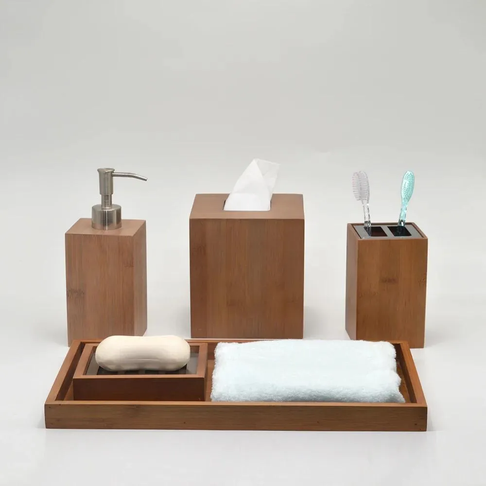 Ensembles 5 pièces accessoires de salle de bain en bambou carbonisé ensemble distributeur de savon porte-brosse à dents porte-savon boîte à mouchoirs plateau poubelle en bois