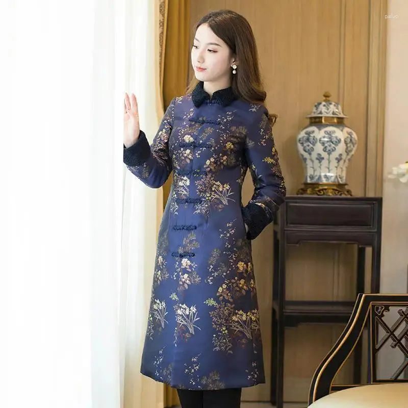 Ethnic Clothing 2024 Chinese Qipao Cotton Jacket Women's Tang Suits Dress Thickened Buckle Lady Floral Coat