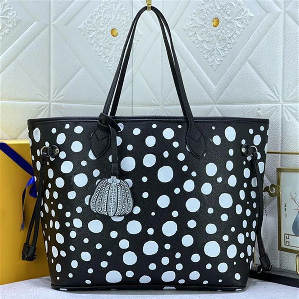 2023 Women Shoulder Bags Leather Shopping Bag Large Capacity Tote Fashion Letters White Polka Dot Print Meduim Handbag With Zip Po250n