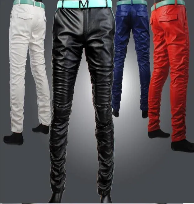 Fashionable new personality men039s tight leather pants men039s Korean version slim feet black and white red pu leather pant5797710