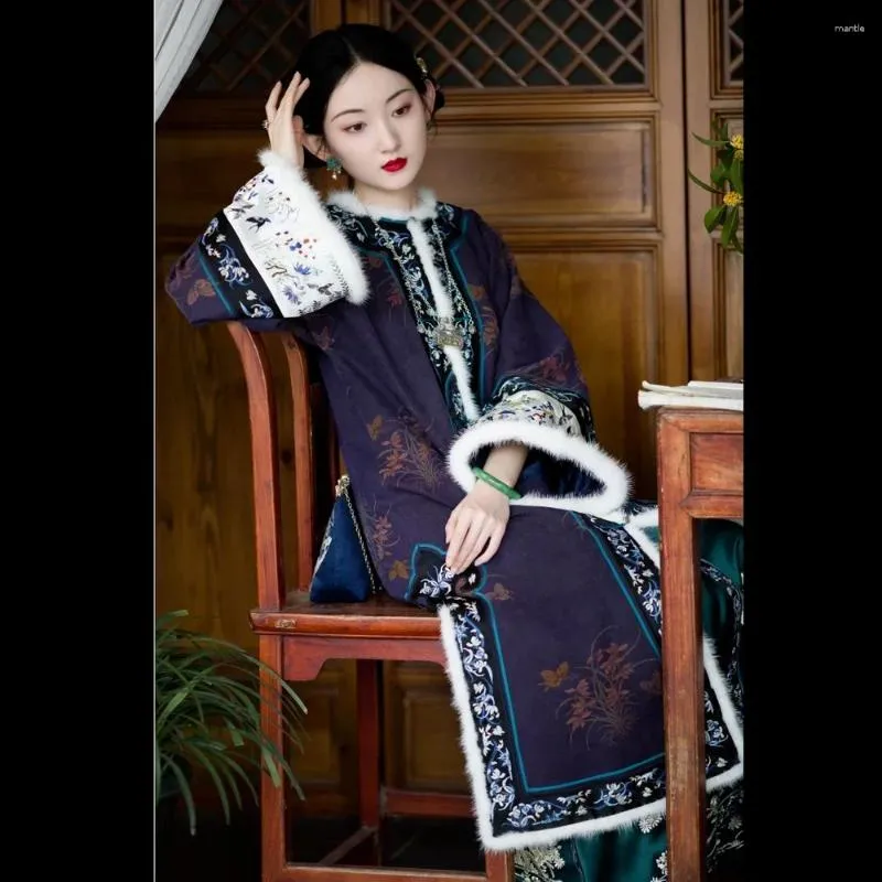 Roupas étnicas Inverno Quente Imitação de Seda Bordado Retro Estilo Republicano Impressão Acolchoada Roxo Tradicional Cheongsam Vestido Chinês