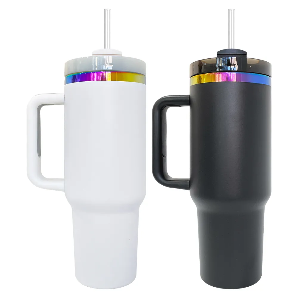 Entrepôt de Chine 40 oz enduit de poudre gravé au laser arc-en-ciel plaqué multicolore gobelet Quencher isolé bouteilles d'eau en plein air tasses de voyage avec paille et couvercle