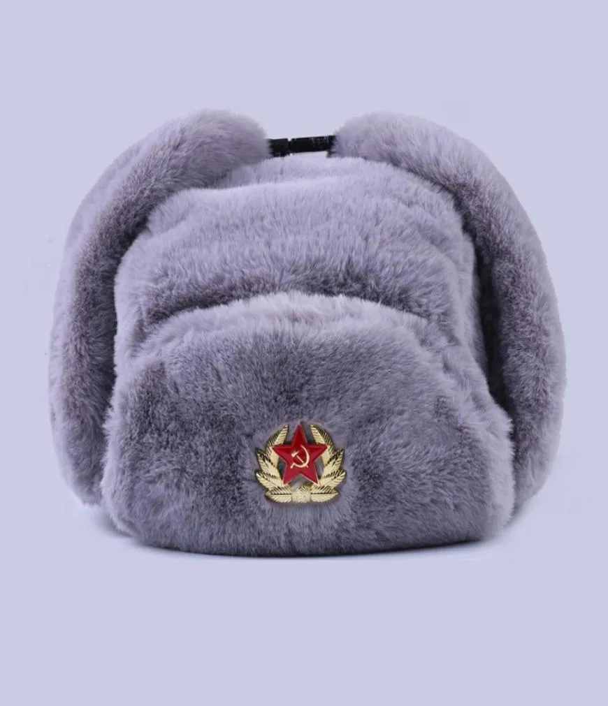 Radziecka odznaka Ushanka Rosjanie mężczyźni kobiety Winter Hats Faux Rabbit Fur Army Bomber Hat Cossack Traper Earflap Snow Ski Cap 21801302