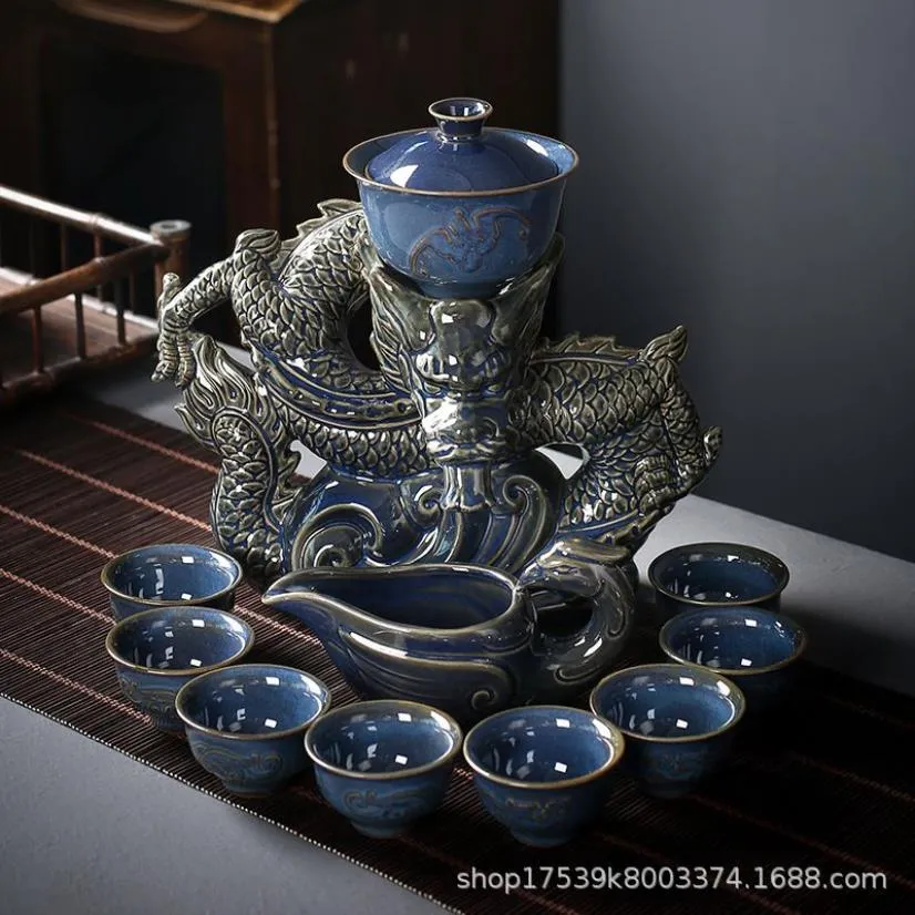 China Dragon Semi-Automatic Tea Set Lazy Brewing Kung Fu Hushållens keramiska pottceremony231Z