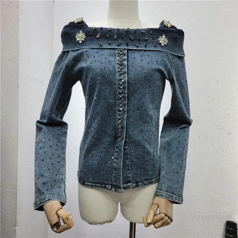 Frauen Blusen Sexy Off-Neck Schwere Stickerei Bohren Perle Langarm Denim Top Elastische Slim Fit Blau Hemd Y2k tops Femme