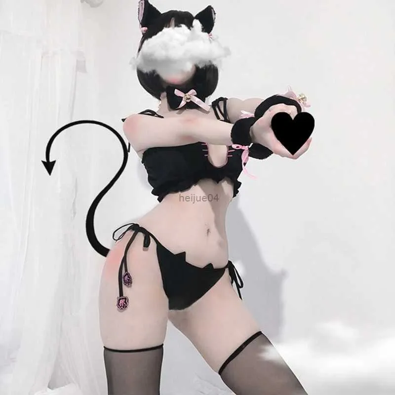 sexy neko lingerie Cosplay Neko Cat Keyhole Bra Briefs Lingerie Underwear Bell Choker Collar  Sexy