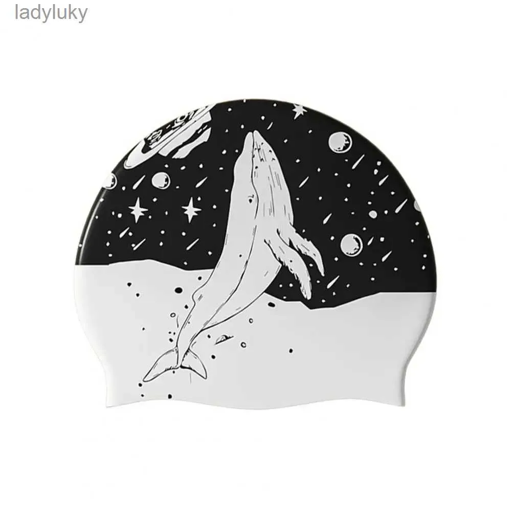 Swimming caps Women Men Swimming Hat Silicone Elasticity Whale Print Swim Pool Hat Curly Short Medium Long Thick Hairs Bathing Hat AdultL240125