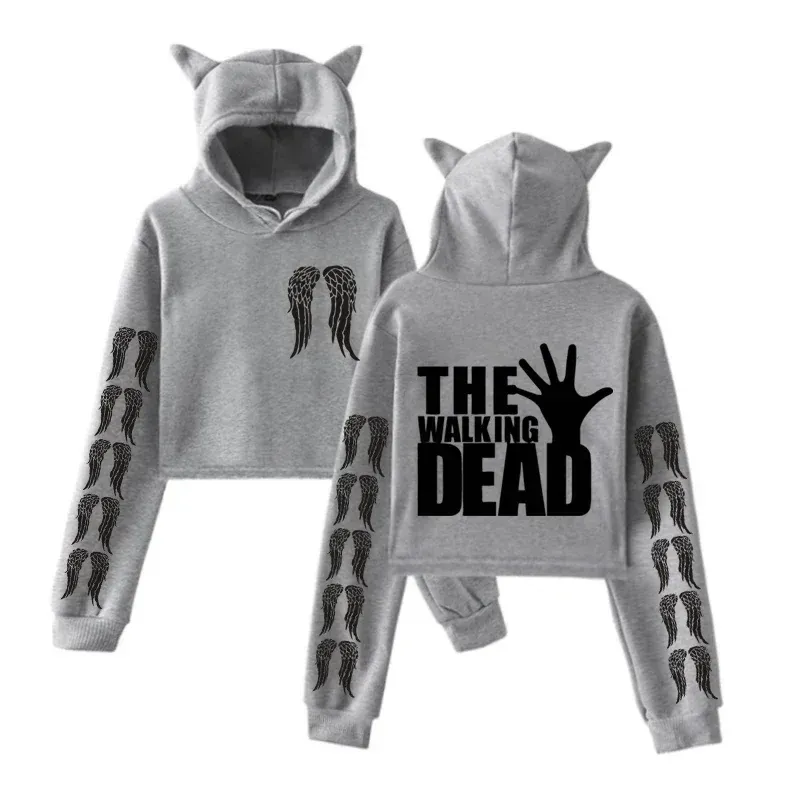 The Walking Dead Crop Top Hoodie Harajuku Cropped Sweatshirt Streetwear Hip Hop Kawaii Cat Ears Long Sleeves Pullover Tops