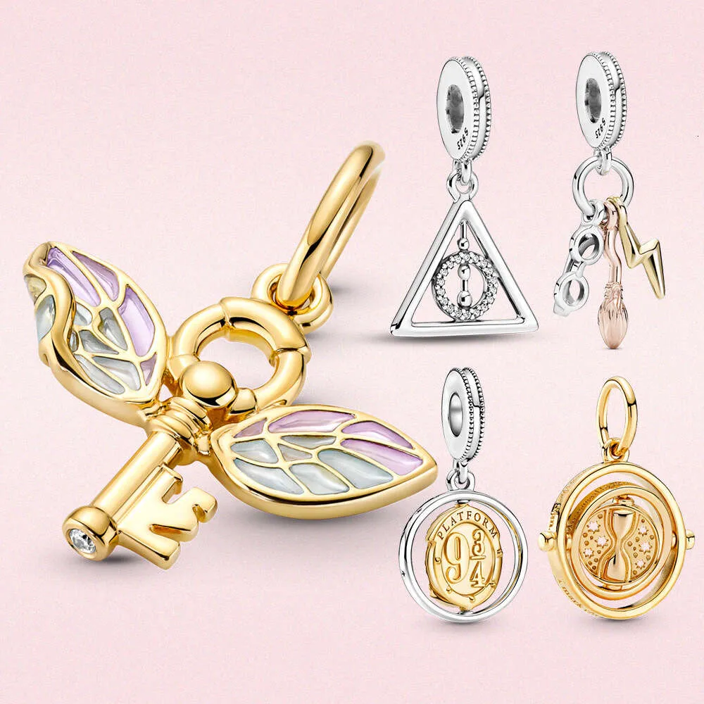 Sier Gold Plated Winged Key Pendant Charm Spinning Dingle Hanging Doe Patronus Fit Original Moment Armband Women Jewelry